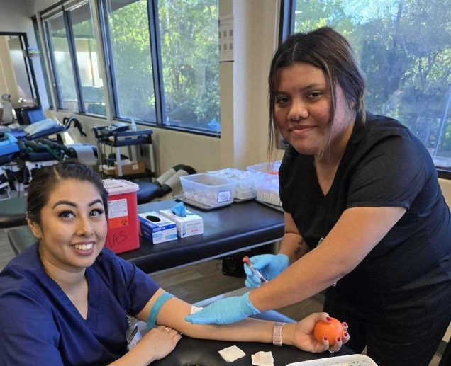 Medical students in lab practicing blood draws